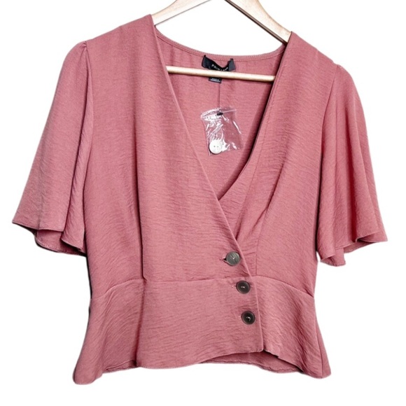 Primark Womens Short Sleeve Wrap Button Dusty Rose Peplum Formal Crop Top Blouse - Picture 5 of 16